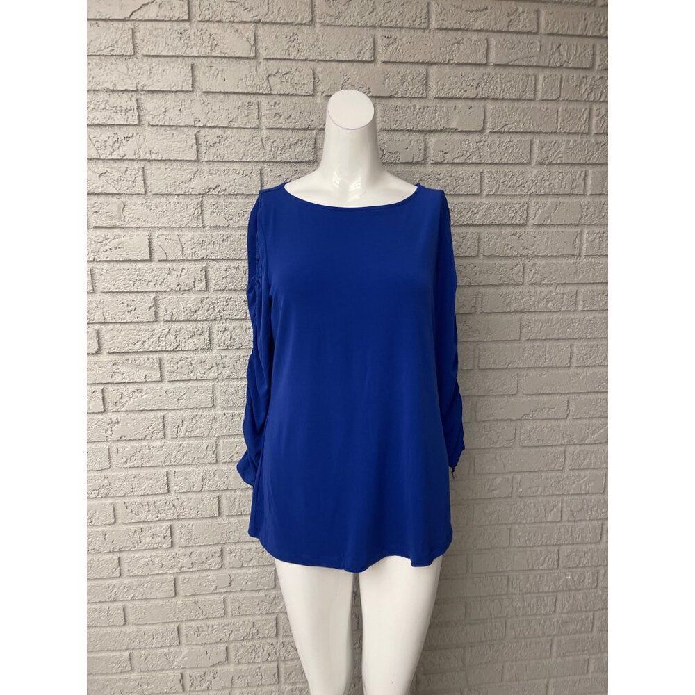 Susan Graver Women Royal Liquid Knit Ruched Drawstring Long Sleeve Top Size S